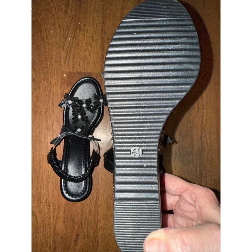 Womens Black Wedge Sandals Butterfly Embellished Pearl Detail Size‎ 41